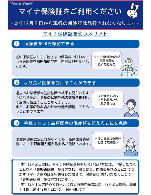 マイナ保険証をご利用くださいの案内チラシ表の画像、詳細はPDFファイルをご参照ください